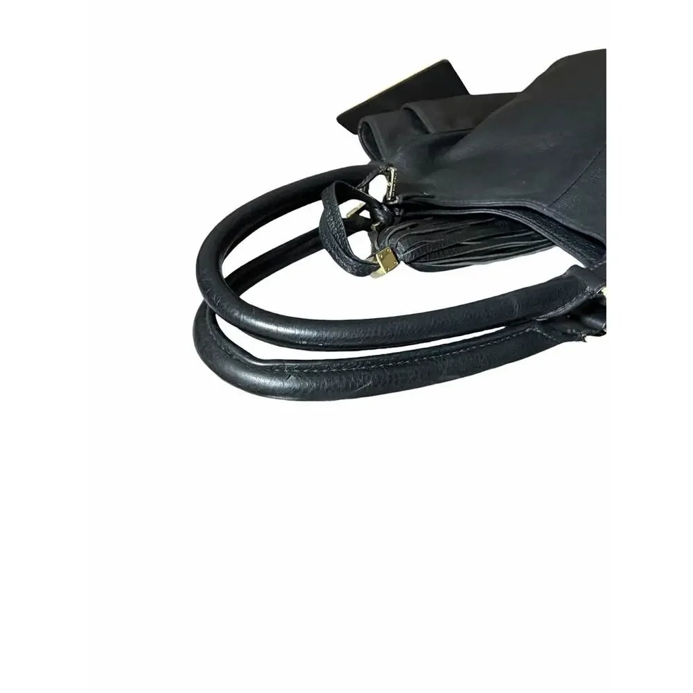 Tory Burch Thea Round Tassel Tote Black Pebbled Leather Hobo Bag